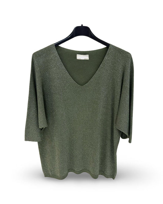 Oversized v hals trui met lurex details Army