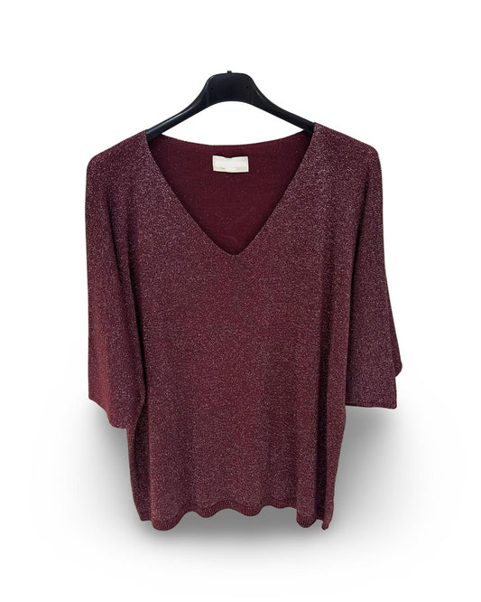 Oversized v hals trui met lurex details Bordeaux