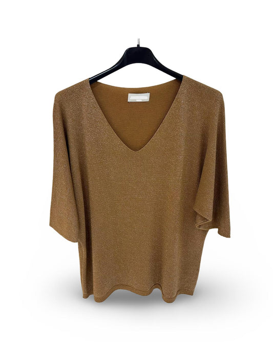 Oversized v hals trui met lurex details Camel
