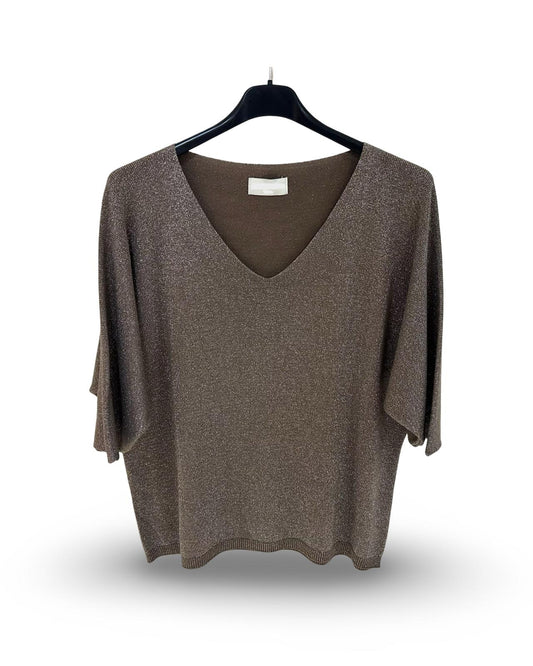 Oversized v hals trui met lurex details Donkerbruin