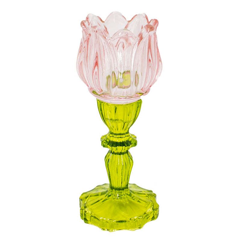 Waxinehouder tulp roze met groen