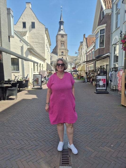 Katoenen wafel jurk met zakken Roze