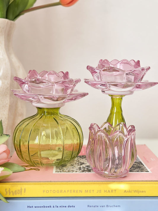 Waxinehouder bloem roze met groen bol